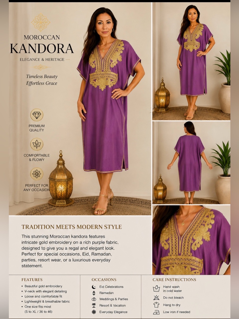 Moroccan Purple Kandora Gold Embroidered Kaftan Dress Elegant Boho Resort .